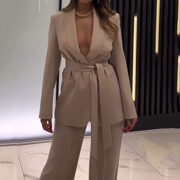 Sexy Deep V-Neck Long Sleeve Suit with Lace-Up Waist - Image 4