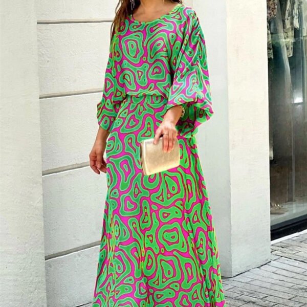 Women's 2-Piece Printed Long Sleeve Top and High-Waist Maxi Skirt Set - Image 2