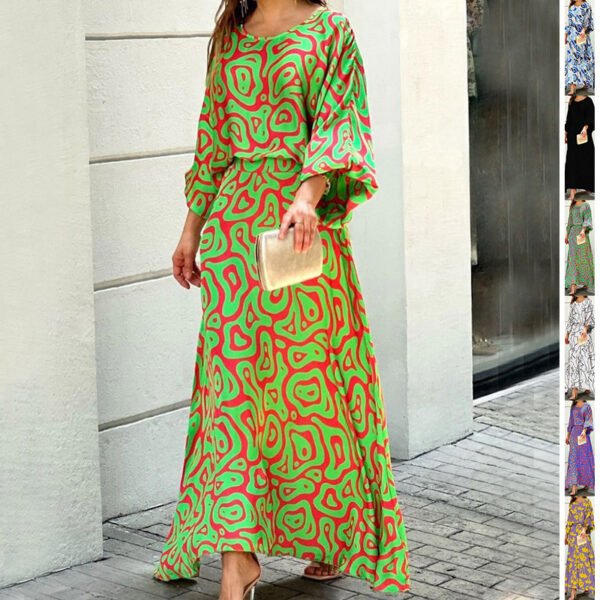 Women's 2-Piece Printed Long Sleeve Top and High-Waist Maxi Skirt Set