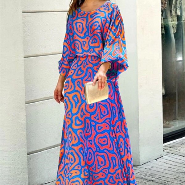 Women's 2-Piece Printed Long Sleeve Top and High-Waist Maxi Skirt Set - Image 5